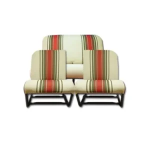 Upholstery: 2 asymmetrical seats + rear bench seat in beige and red striped fabric