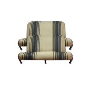 Front and rear bench seat upholstery in brown and blue striped fabric