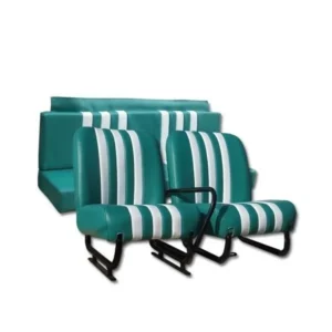 Set of 2 new front seats + new rear bench seat, green/white